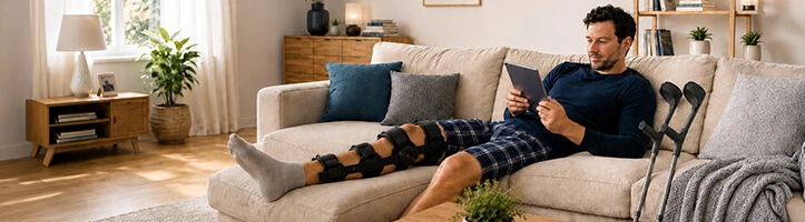 Junger Mann mit verletztem Bein auf Sofa
