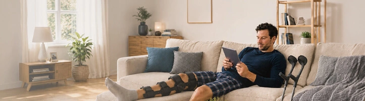 Junger Mann mit verletztem Bein auf Sofa