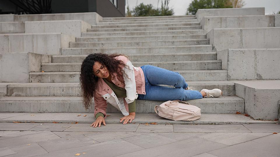 Frau ist auf einer Treppe gestürzt und liegt am Boden Frau ist auf einer Treppe gestürzt und liegt am Boden