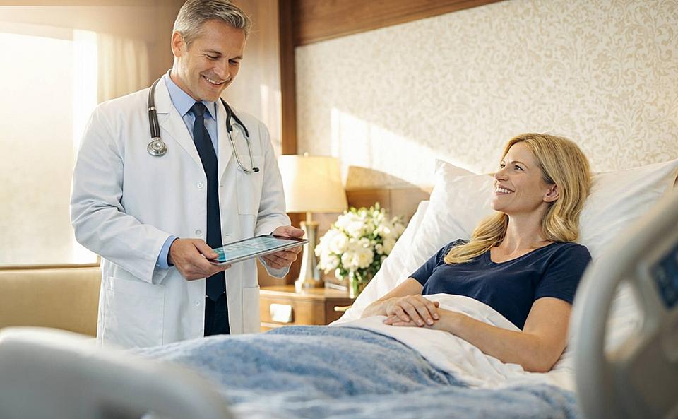 Chefarzt mit Patientin im Krankenhaus
