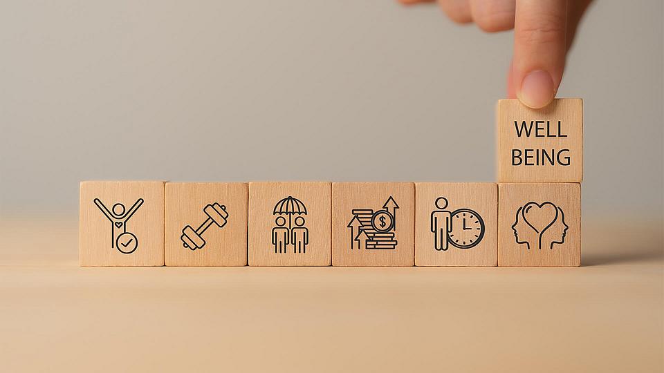 Holzklötze mit Symbolen für körperliche, geistige, emotionale Gesundheit.