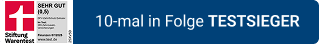 Banner mit Stiftungswarentest Siegel für die Zahnzusatzversicherung, sowie dem Text " 10mal in Folge Testsieger"