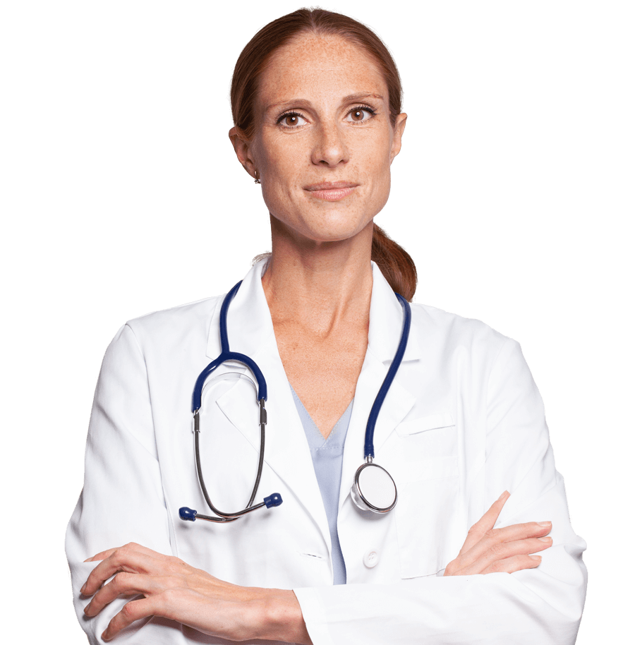 Eine Ärztin mit Stethoskop und verschränkten Armen. 