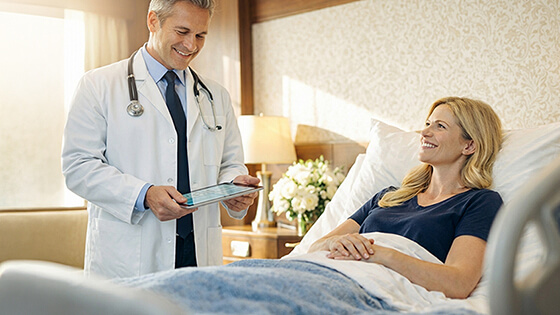 Chefarzt mit Patientin im Krankenhaus